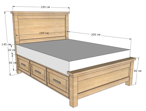 diagram of the double beds with bottom drawers