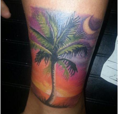 棕榈树上的纹身的脚的照片