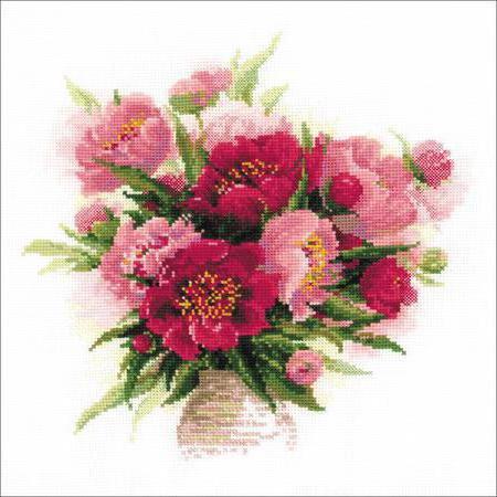 cross stitch peonies in a vase