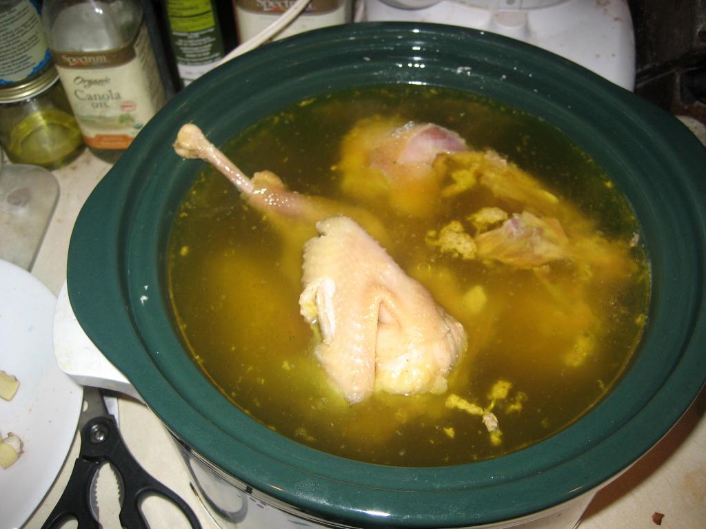 the broth in a slow cooker