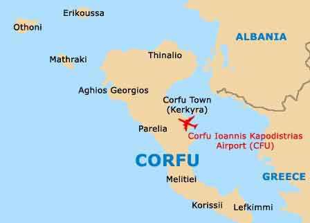 Corfu on a map of Greece