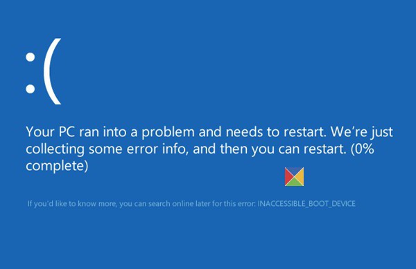 inaccessible boot device, quando inicia o windows 10