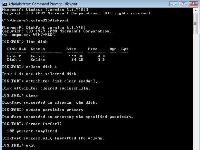 how to format USB flash drive using command prompt windows 7