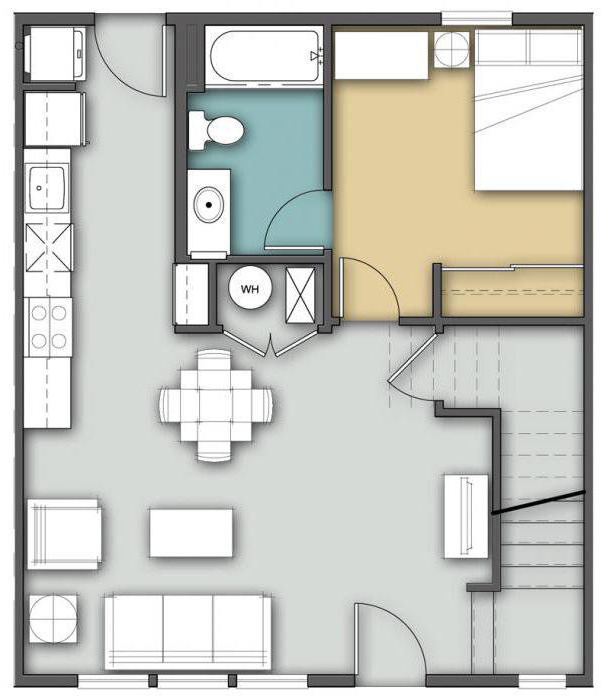 layout of the kitchen combined with the living room