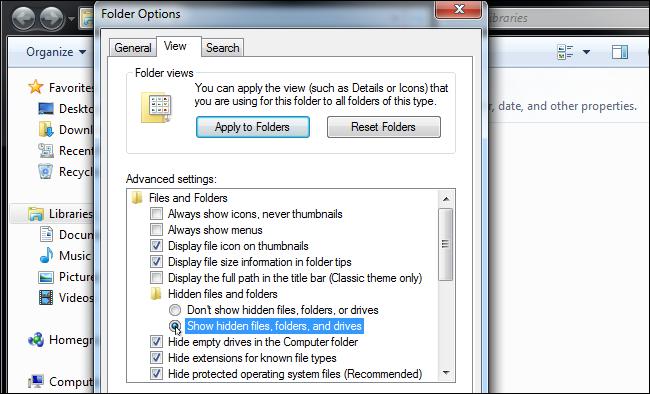 Enable showing of hidden files in Windows 7