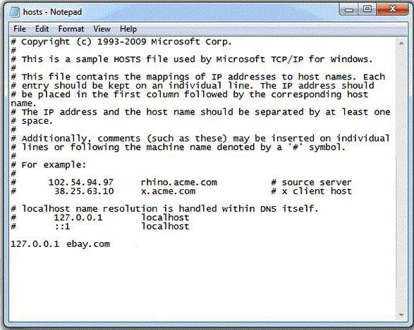der Inhalt der hosts-Datei von windows 7