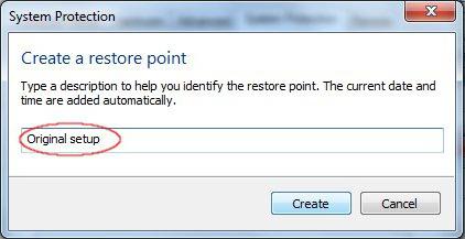create restore point windows 7