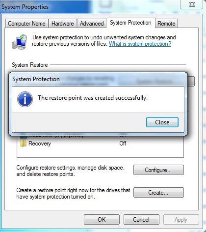 system restore point windows 7